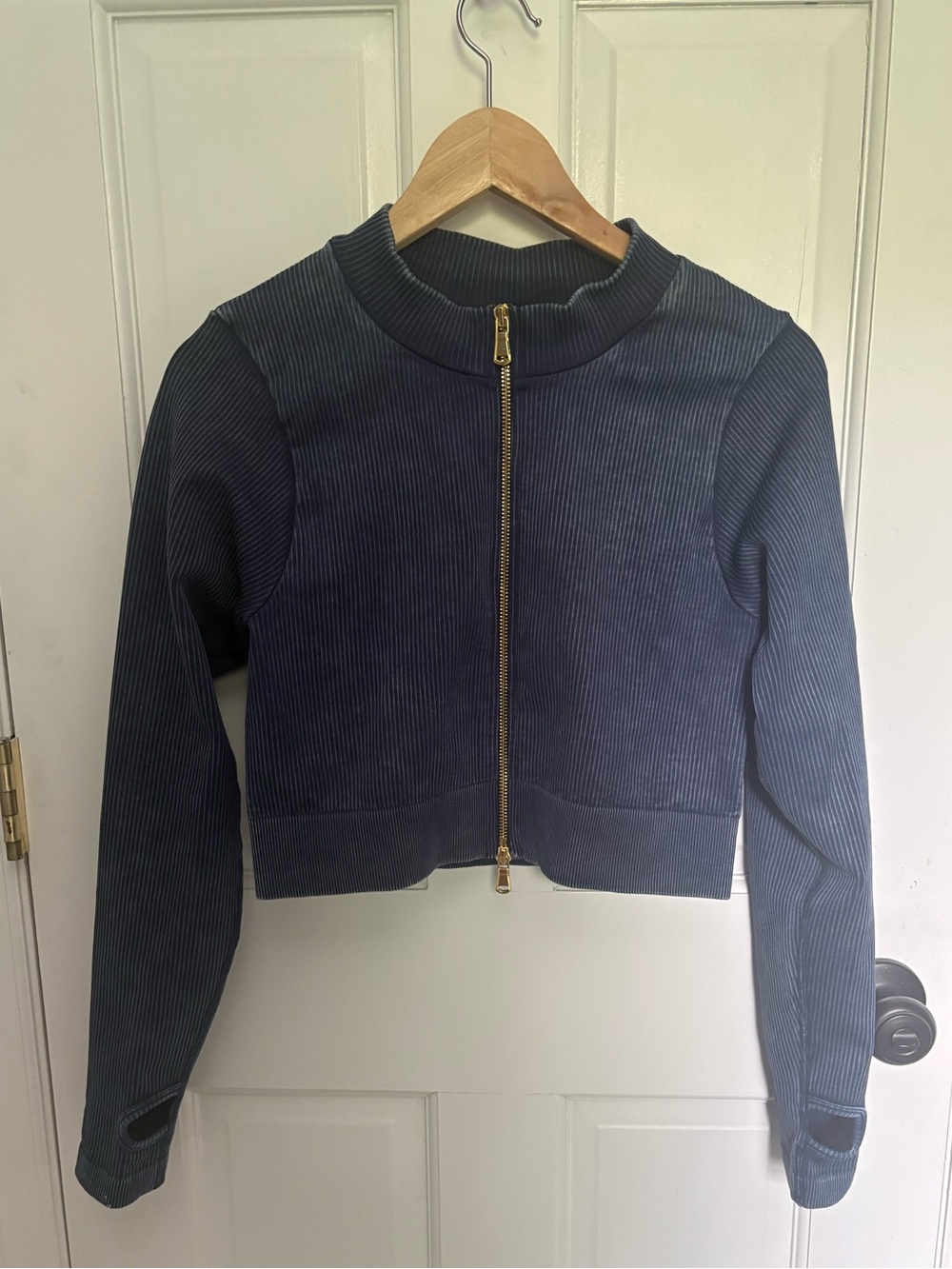 Daisy Navy Ribbed Zip-Front Bomber Jacket with Gold Hardware